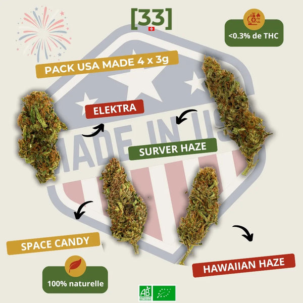 Visuel du Pack USA Made 4 x 3g de Gr33nz, contenant 3g dâElektra, 3g de Surver Haze, 3g de Hawaiian Haze et 3g de Space Candy. Une sĂ©lection de fleurs CBD bio amĂ©ricaines, 100% naturelles et Ă moins de 0,3% de THC.