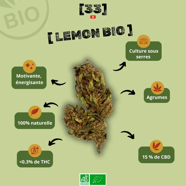 Infographie de la Fleur de CBD Limoncello Bio de Gr33nz, cultivée sous serre, aux arômes d'agrumes, avec 15% de CBD et moins de 0,3% de THC