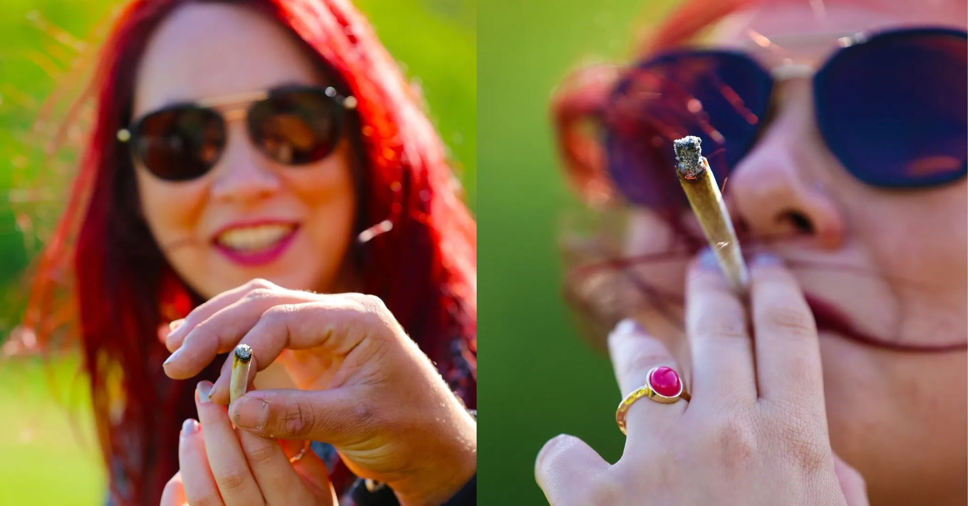 Deux portraits dâune femme rousse en extĂ©rieur, lunettes de soleil, fumant un joint de CBD en pleine nature. Ambiance chill et dĂ©tente partagĂ©e.