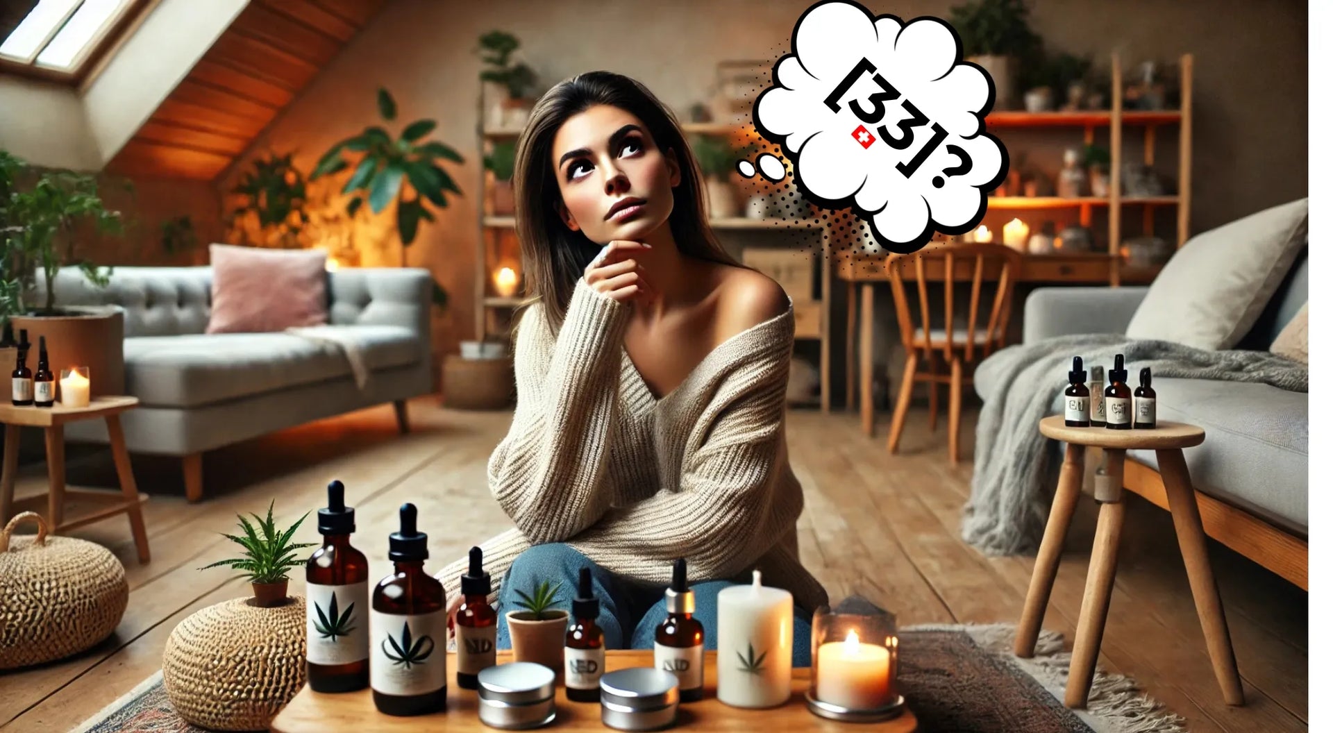 Une femme songeuse dans un intérieur chaleureux, entourée de produits au CBD, avec une bulle de pensée contenant le logo