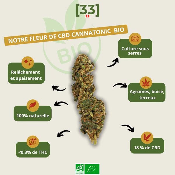 Infographie présentant la fleur de CBD Cannatonic Bio de Gr33nz, cultivée sous serre, avec un taux de 18% de CBD et des arÎmes boisés et agrumés pour un effet relaxant.