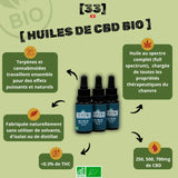 Huile de CBD Bio à spectre complet de Gr33nz, disponible en 250mg, 500mg et 700mg. Formulée sans solvants, isolat ou distillat, riche en terpÚnes et cannabinoïdes pour un effet optimal.
