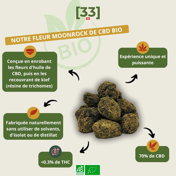 Moonrock CBD Bio de Gr33nz, une fleur enrobée d'huile de CBD et recouverte de kief pour une expérience intense et un taux de 70% de CBD