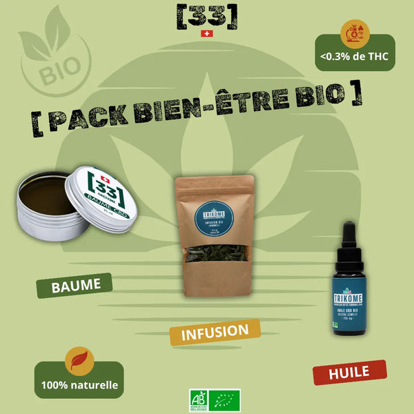 Visuel du Pack Bien-Être CBD Bio de Gr33nz, comprenant un baume au CBD, une infusion bio et une huile full spectrum, pour une détente naturelle et apaisante.