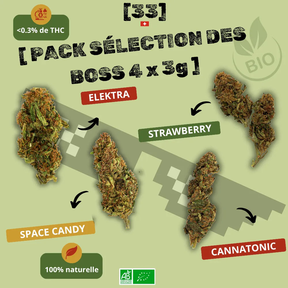 Visuel du Pack Sélection des Boss CBD 4 x 3g de Gr33nz, incluant 3g de Space Candy, 3g d’Elektra, 3g de Strawberry et 3g de Cannatonic. Une sélection premium de fleurs CBD bio, 100% naturelles et à moins de 0,3% de THC.