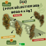 Visuel du Pack Sélection des Boss CBD 4 x 3g de Gr33nz, incluant 3g de Space Candy, 3g d’Elektra, 3g de Strawberry et 3g de Cannatonic. Une sélection premium de fleurs CBD bio, 100% naturelles et à moins de 0,3% de THC.