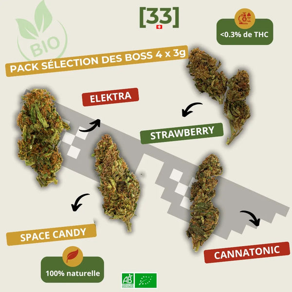 Visuel du Pack SĂ©lection des Boss CBD 4 x 3g de Gr33nz, incluant 3g de Space Candy, 3g dâElektra, 3g de Strawberry et 3g de Cannatonic. Une sĂ©lection premium de fleurs CBD bio, 100% naturelles et Ă moins de 0,3% de THC.