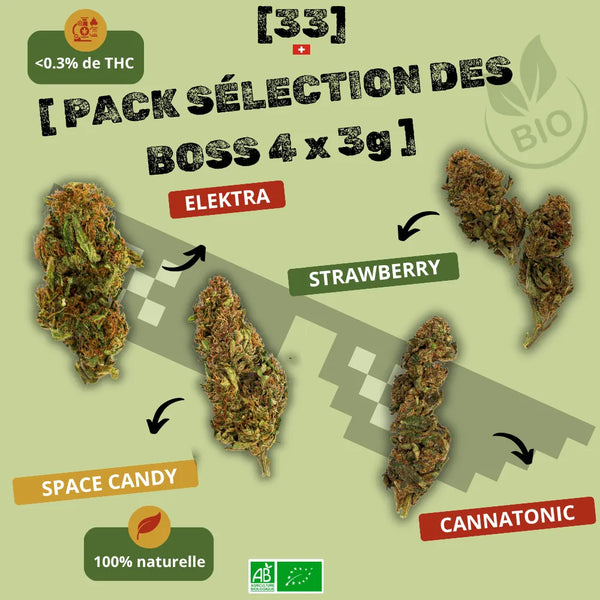 Visuel du Pack Sélection des Boss CBD 4 x 3g de Gr33nz, incluant 3g de Space Candy, 3g d’Elektra, 3g de Strawberry et 3g de Cannatonic. Une sélection premium de fleurs CBD bio, 100% naturelles et à moins de 0,3% de THC.