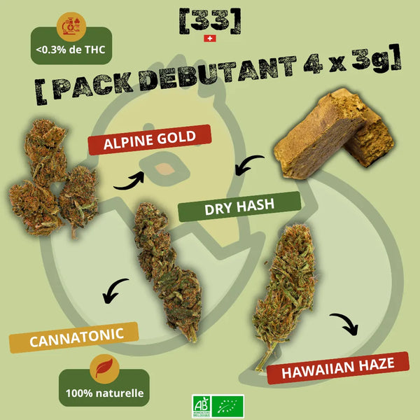 Visuel du Pack Débutant CBD 4 x 3g de Gr33nz, composé de 3g de Dry Hash, 3g de Cannatonic, 3g d'Alpine Gold et 3g d'Hawaiian Haze. Une sélection 100% naturelle pour une découverte complète du CBD bio avec moins de 0,3% de THC.