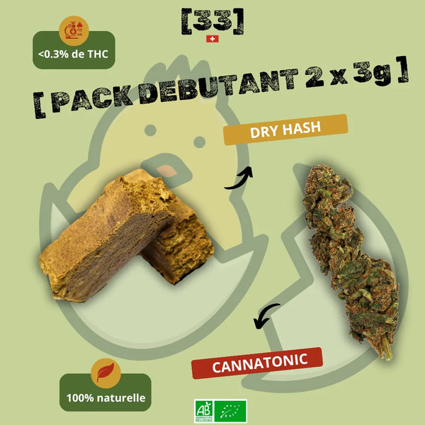 Visuel du Pack Débutant CBD 2 x 3g de Gr33nz, incluant 3g de Dry Hash et 3g de Cannatonic, une combinaison parfaite pour découvrir les bienfaits du CBD bio avec moins de 0,3% de THC.