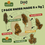Visuel du Pack Swiss Made 5 x 3g de Gr33nz, comprenant 3g de Harlequin, 3g de Frosted Lime, 3g de Golden Kush, 3g de Charlotte et 3g d’Alpine Gold. Une sélection de fleurs CBD suisses, bio, 100% naturelles et à moins de 0,3% de THC.