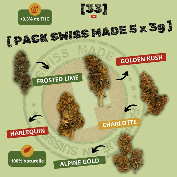 Visuel du Pack Swiss Made 5 x 3g de Gr33nz, comprenant 3g de Harlequin, 3g de Frosted Lime, 3g de Golden Kush, 3g de Charlotte et 3g d’Alpine Gold. Une sélection de fleurs CBD suisses, bio, 100% naturelles et à moins de 0,3% de THC.