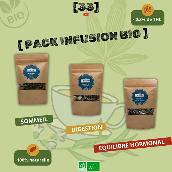 Visuel du Pack Infusion CBD Bio de Gr33nz, comprenant trois infusions aux bienfaits ciblés : Sommeil, Digestion et Équilibre Hormonal, élaborées à partir de chanvre bio et plantes naturelles.