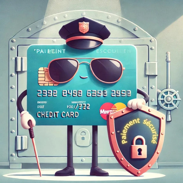 Illustration d'une carte bancaire avec lunettes de soleil et bouclier "Paiement sécurisé", représentant la fiabilité des transactions sur gr33nz.com