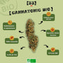 Infographie présentant la fleur de CBD Cannatonic Bio de Gr33nz, cultivée sous serre, avec un taux de 18% de CBD et des arômes boisés et agrumés pour un effet relaxant.