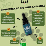 Image d'un flacon d'huile de CB bio pour animaux avec la description de ses caractéristiques