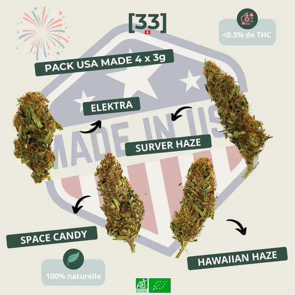 Visuel du Pack USA Made 4 x 3g de Gr33nz, contenant 3g d’Elektra, 3g de Surver Haze, 3g de Hawaiian Haze et 3g de Space Candy. Une sélection de fleurs CBD bio américaines, 100% naturelles et à moins de 0,3% de THC.