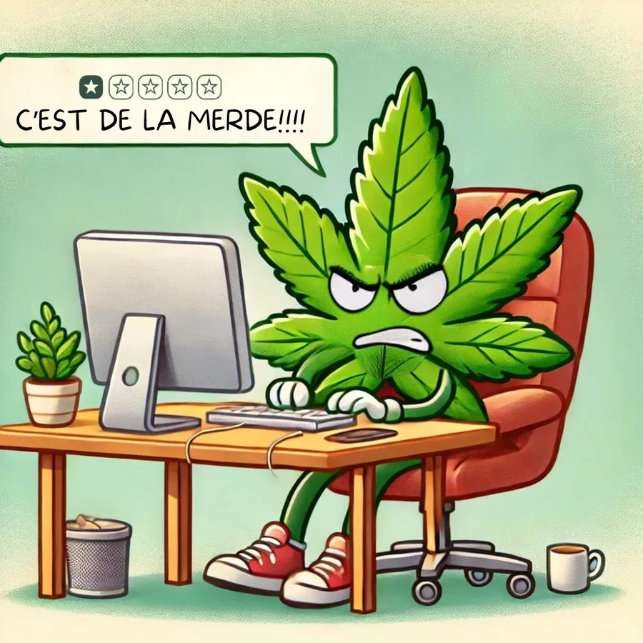 Image humoristique d'une feuille de CBD laissant un avis sur le site