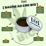 Visuel du baume au CBD bio GR33NZ, fabriqué à partir de fleurs de chanvre cultivées en agriculture biologique. Produit naturel, local et à spectre complet.