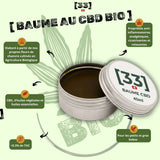 Visuel du baume au CBD bio GR33NZ, fabriqué à partir de fleurs de chanvre cultivées en agriculture biologique. Produit naturel, local et à spectre complet.
