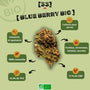 Infographie présentant la fleur de CBD Blue berry muffin Bio de Gr33nz, cultivée sous serre, avec un taux de 13% de CBD et des arômes boisés et agrumés pour un effet relaxant.