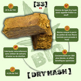  résine de CBD Dry Hash Bio de Gr33nz, une extraction naturelle à partir du pollen de fleurs de CBD, tamisé et pressé à froid