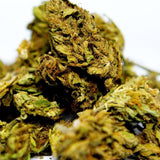 Zoom sur fleur CBD Elektra. Détails des trichomes et pistils, texture dense et résineuse, variété de chanvre contrôlée et conforme à la législation.