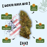 Fleur de CBD Sour RNA Bio de Gr33nz, issue d'une culture extérieure naturelle, offrant des arômes fruités et acidulés avec 10 % de CBD et moins de 0,3 % de THC.