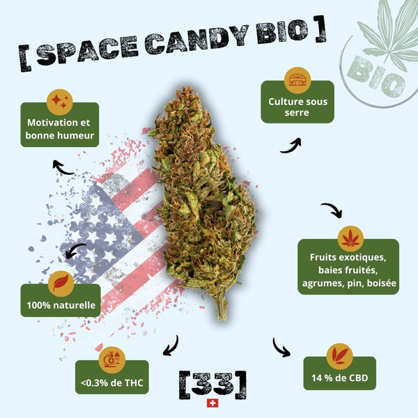 Fleur de CBD Space Candy Bio Gr33nz, cultivée sous serre, avec 14 % de CBD et moins de 0,3 % de THC
