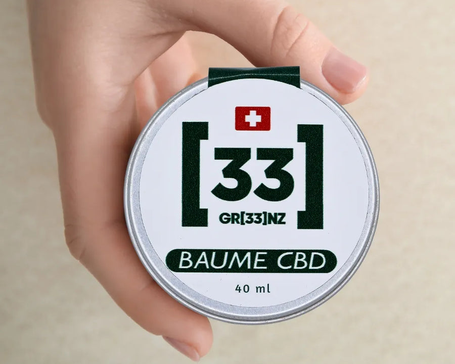 Pot de baume au CBD bio Gr33nz de 40 ml, fabriqué en Suisse. Idéal pour soulager les tensions musculaires