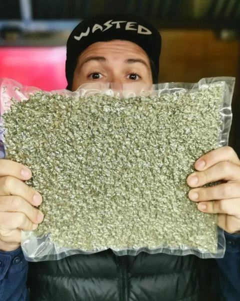 Homme portant une casquette "WASTED" tenant un grand sac sous vide rempli de fleurs de CBD devant son visage