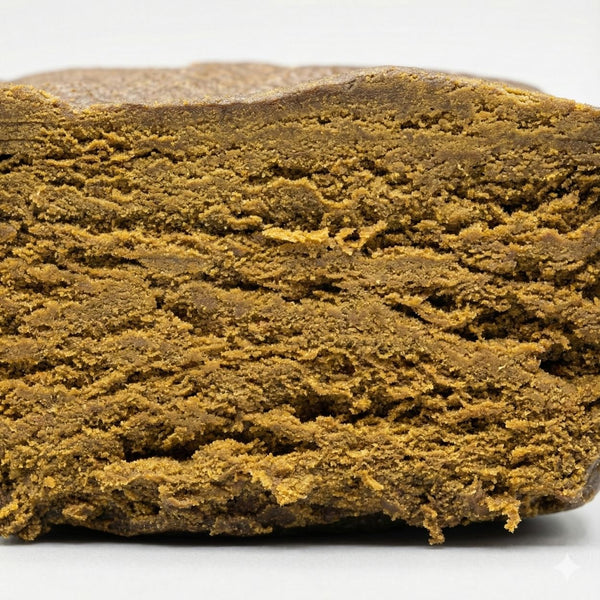 Gros plan du hashish CBD Bubble Ice GR33NZ : texture dense, extraction à l’eau glacée, 55 % de CBD. Résine bio d’une pureté exceptionnelle.