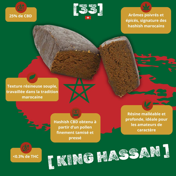 Visuel du King Hassan GR33NZ, une résine CBD élaborée dans la pure tradition marocaine à partir d’un pollen finement tamisé et pressé. Sa texture souple et résineuse se distingue par des arômes poivrés et épicés
