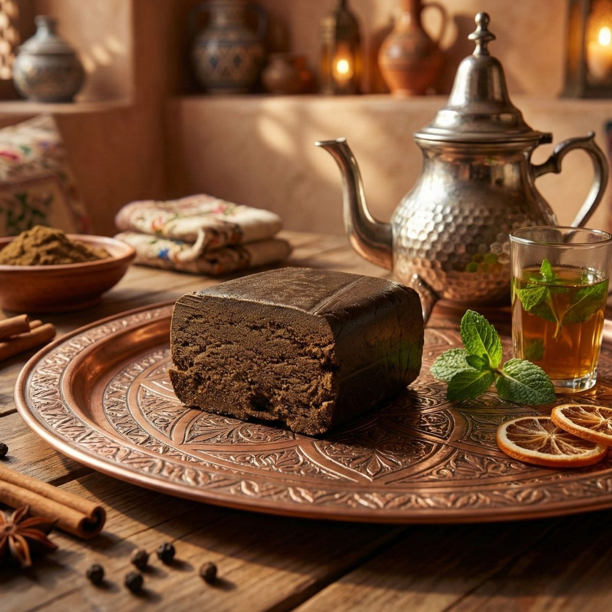 Photo du hashish CBD King Hassan GR33NZ dans un décor marocain. Résine bio 25 % CBD, texture souple et arômes épicés issus d’un pollen pressé.