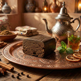 Photo du hashish CBD King Hassan GR33NZ dans un décor marocain. Résine bio 25 % CBD, texture souple et arômes épicés issus d’un pollen pressé.