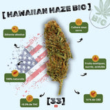 Fleur de CBD Hawaiian Haze Bio de Gr33nz, cultivée sous serre, offrant un arôme fruité, sucré et acidulé. 100 % naturelle avec 14 % de CBD et moins de 0,3 % de THC.