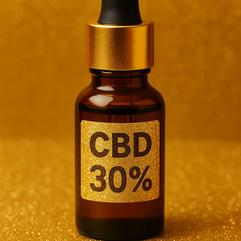 Flacon compte-gouttes ambré avec étiquette dorée indiquant “CBD 30 %”. Image représentant une huile CBD hautement concentrée, utilisée pour illustrer les produits premium de Gr33nz.