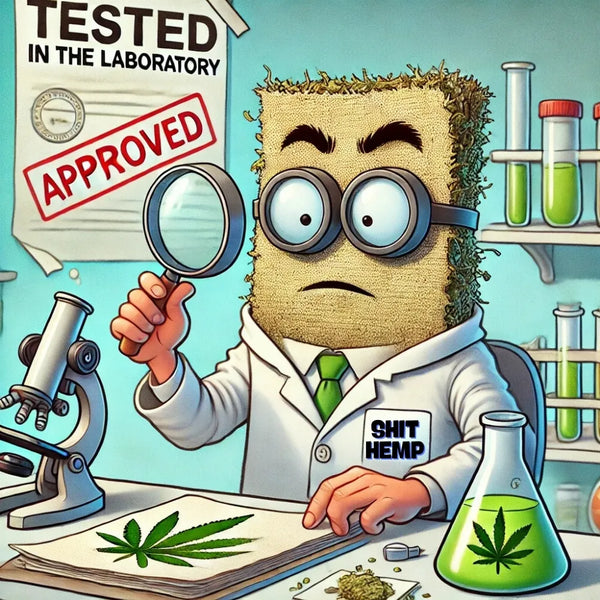  illustration humoristique d'un scientifique en laboratoire testant du chanvre, avec une étiquette "Shit Hemp"