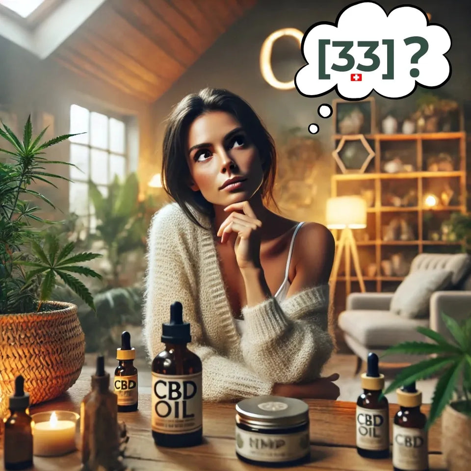 Une jolie femme songeuse dans un intérieur chaleureux, entourée de produits au CBD, avec une bulle de pensée contenant le logo 