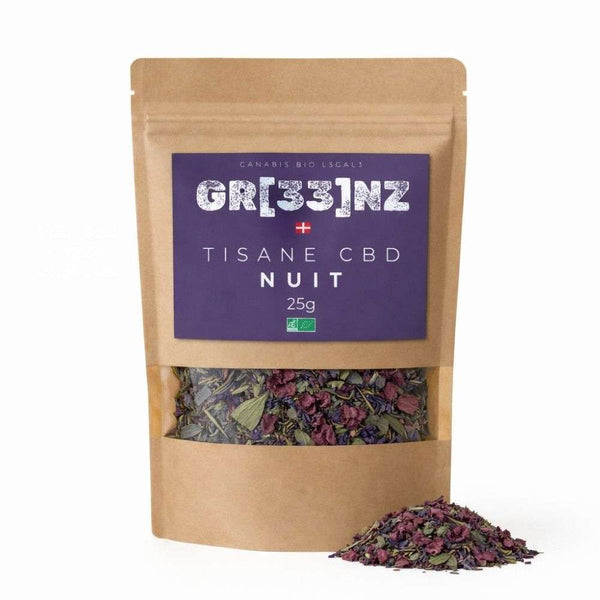 Visuel de la tisane bio « nuit » GR33NZ, une création naturelle à base de 25 % de chanvre CBD bio associée à la mélisse, la lavande et la verveine