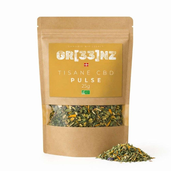 Tisane Bio Pulse GR33NZ : mélange chanvre CBD bio et plantes naturelles pour un regain d’énergie sain et équilibré. 100 % bio et artisanal.