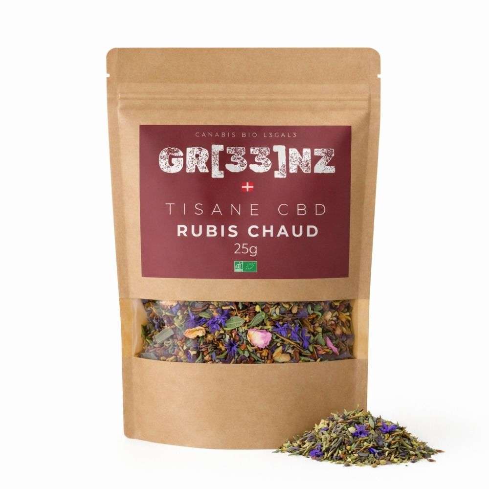 Tisane Bio Rubis Chaud GR33NZ : chanvre CBD bio, mélisse, lavande et verveine. Un mélange artisanal pour une détente naturelle et apaisante.