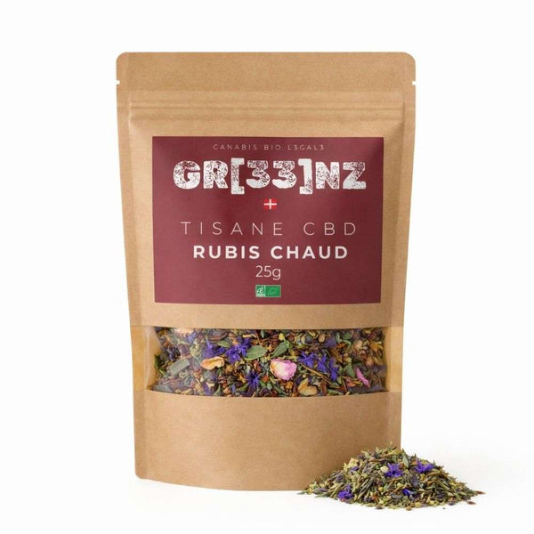 Tisane Bio Rubis Chaud GR33NZ : chanvre CBD bio, mélisse, lavande et verveine. Un mélange artisanal pour une détente naturelle et apaisante.