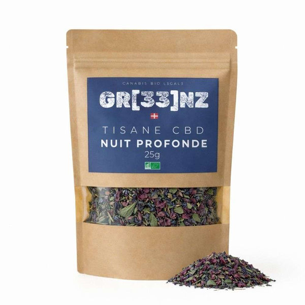 Tisane Bio Nuit Profonde GR33NZ : chanvre CBG bio, lavande et verveine pour un sommeil réparateur et apaisé. 100 % naturelle et artisanale.