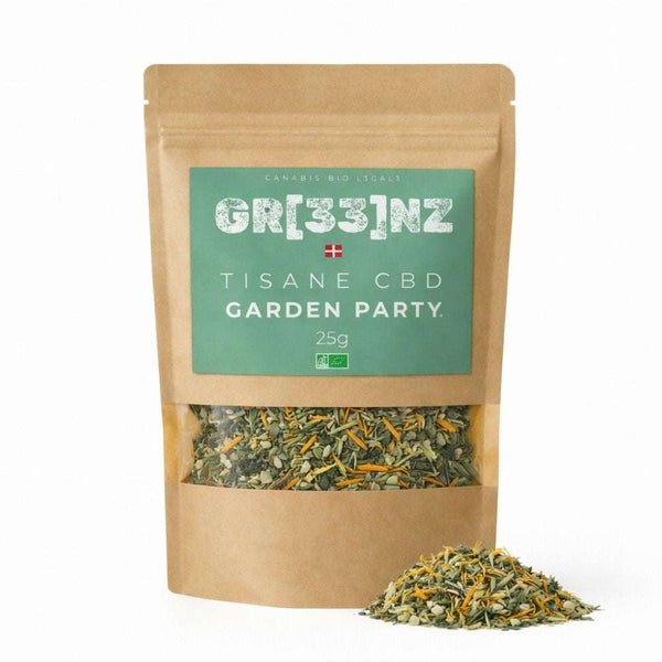 Tisane Bio Garden Party GR33NZ : chanvre CBD bio et plantes naturelles pour une détente douce et gourmande. Produit artisanal 100 % bio.