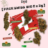 Visuel du Pack Bio Suisse 5 x 3g de Gr33nz, incluant 3g de Cannatonic, 3g de Harlequin, 3g de Lemon, 3g d’OG Kush et 3g de Strawberry. Un assortiment de fleurs CBD bio suisses, 100% naturelles et à moins de 0,3% de THC.