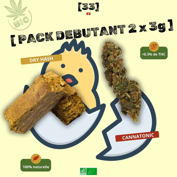 Visuel du Pack Débutant CBD 2 x 3g de Gr33nz, incluant 3g de Dry Hash et 3g de Cannatonic, une combinaison parfaite pour découvrir les bienfaits du CBD bio avec moins de 0,3% de THC.