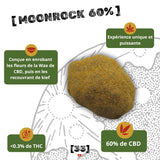 Fiche technique de la MoonRock 60% : fleurs de CBD enrobées de wax et de kief pour une expérience puissante avec moins de 0,3% de THC.