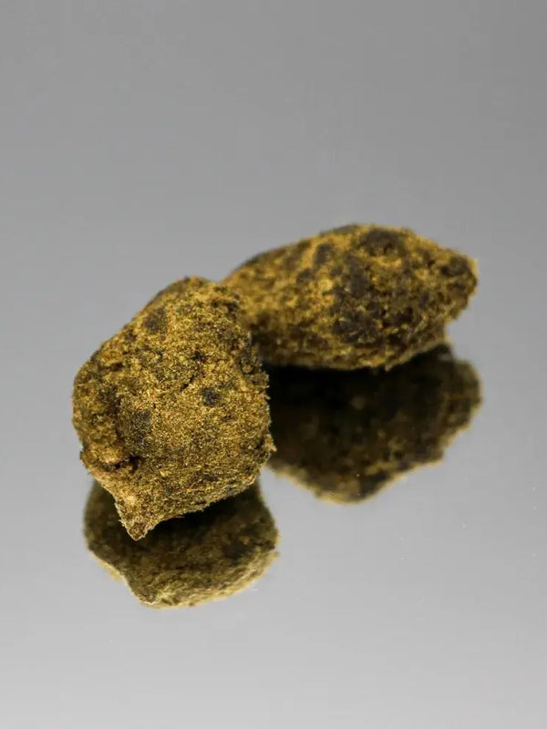 Photo de la Moonrock CBD Bio de Gr33nz, enrobée d'huile de CBD et recouverte de kief pour une puissance maximale et 70% de CBD.