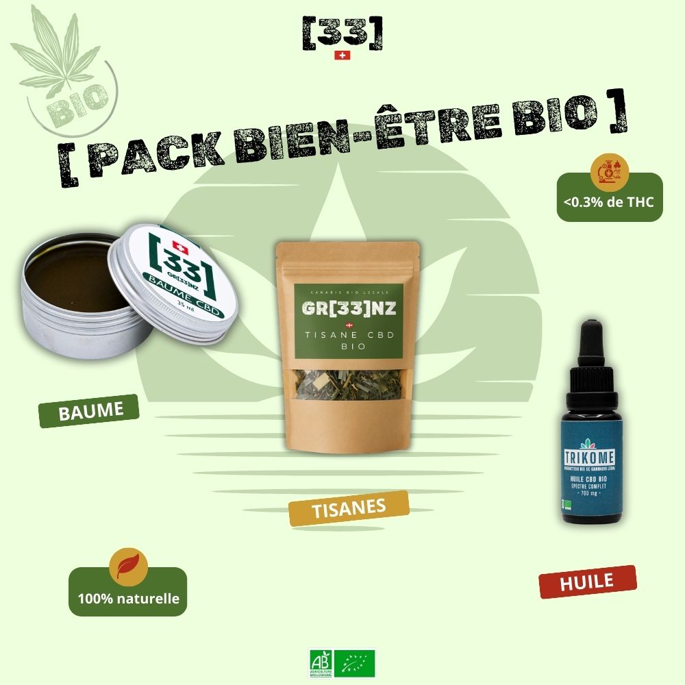 Visuel du Pack Bien-Être CBD Bio de Gr33nz, comprenant un baume au CBD, une tisane bio et une huile full spectrum, pour une détente naturelle et apaisante.